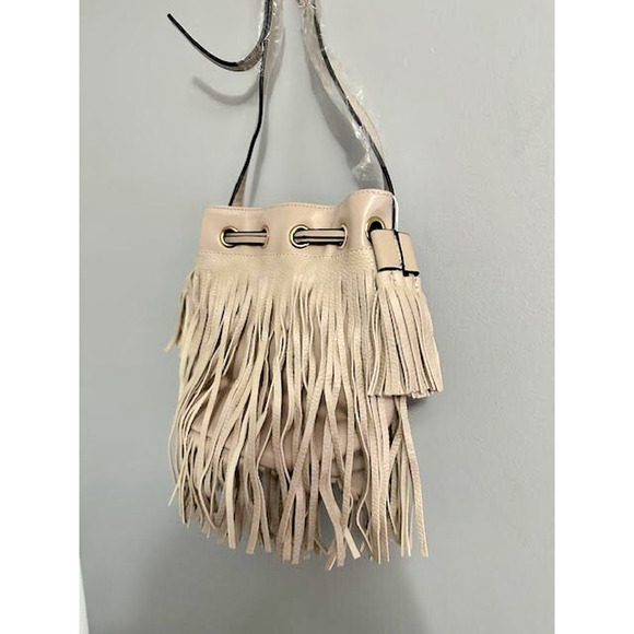 Taupe Fringe Bucket Bag Faux Leather Crossbody Purse Adjustable Strap NWT - Picture 2 of 6